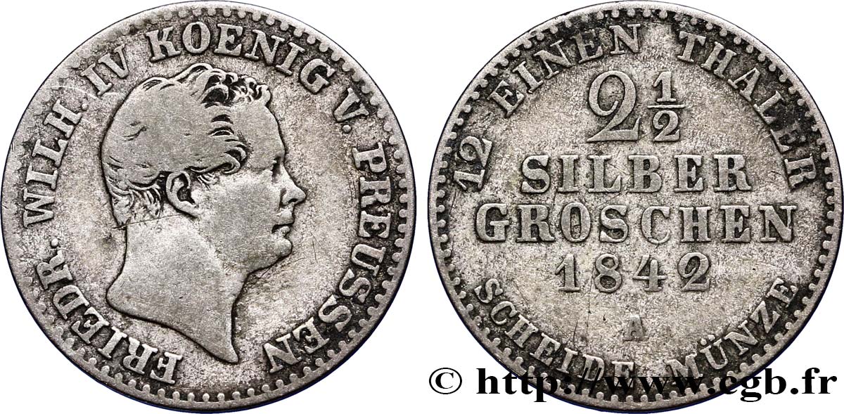 GERMANIA - PRUSSIA 2 1/2 Silbergroschen Royaume de Prusse Frédéric Guillaume IV 1842 Berlin MB 
