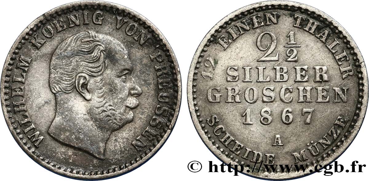 GERMANY 2 1/2 Silbergroschen (1/12 Thaler) Guillaume 1867 Berlin XF 