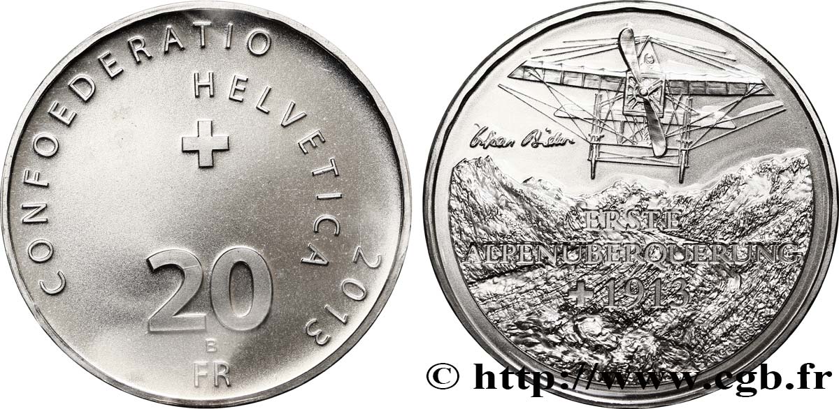 SUIZA 20 Francs Centenaire du survol des Alpes 2013 Berne FDC 