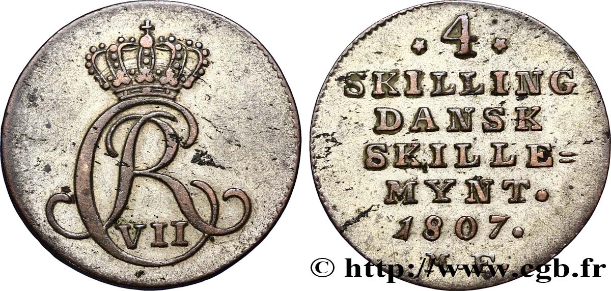 DENMARK 4 Skilling monogramme de Christian VII roi du Danemark 1807 Altona XF 