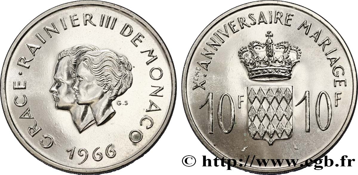 MONACO 10 Francs argent, dixième anniversaire du mariage 1966 Paris SPL 