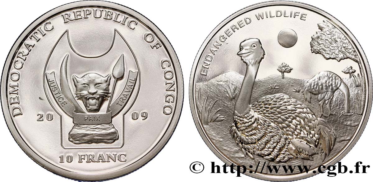 DEMOKRATISCHE REPUBLIK KONGO 10 Franc(s) Proof Espèces en danger : autruches 2009  ST 
