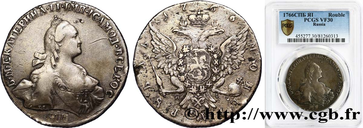 RUSIA - CATALINA II Rouble 1766 Saint-Petersbourg BC+ PCGS