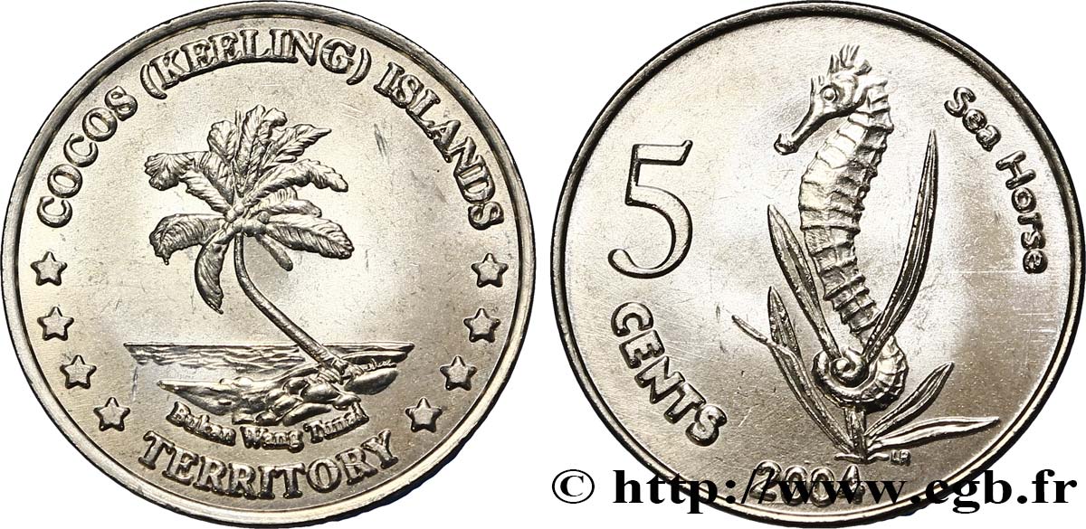 KEELING COCOS ISLANDS 5 Cents cocotier / hippocampe 2004  AU 