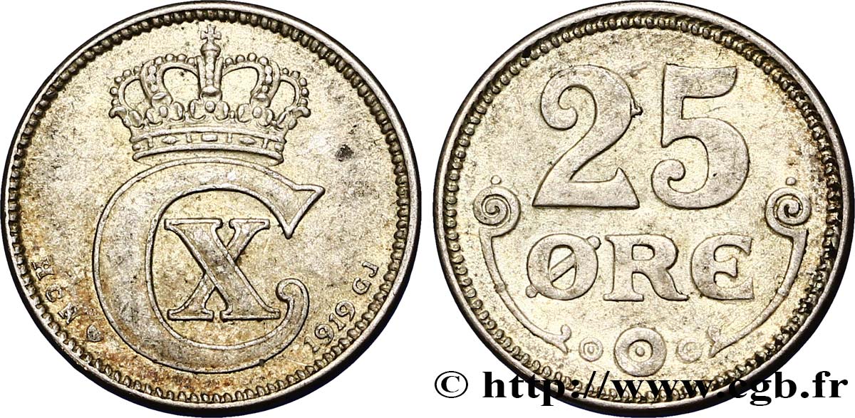 DINAMARCA 25 Ore monogramme de Christian X roi du Danemark 1919 Copenhague q.SPL 