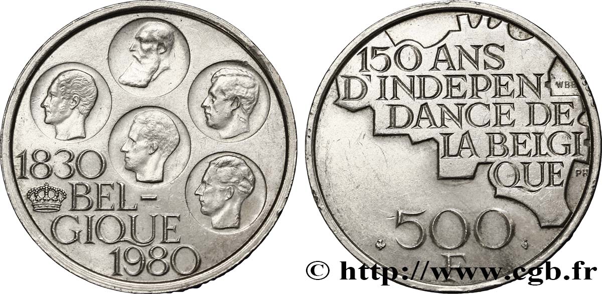 BELGIEN 500 Francs légende française 150e anniversaire de l’indépendance, portrait des 5 rois / carte de Belgique 1980 Bruxelles VZ 