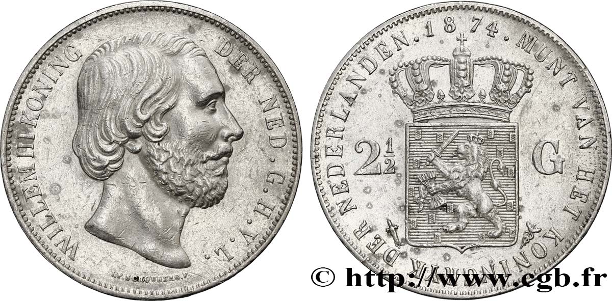 NETHERLANDS 2 1/2 Gulden Guillaume III 1874 Utrecht AU 