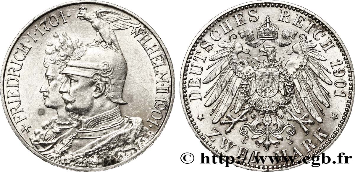DEUTSCHLAND - PREUßEN 2 Mark Guillaume II 200e anniversaire de la Prusse 1901 Berlin VZ 