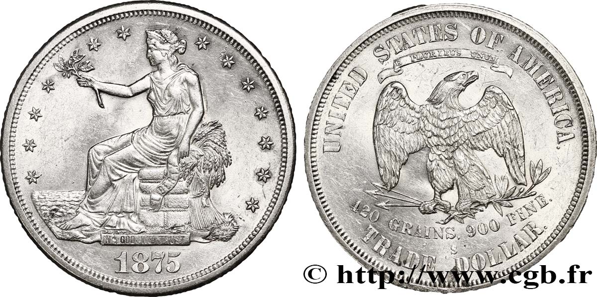ÉTATS-UNIS D AMÉRIQUE 1 Dollar type “trade Dollar” aigle et liberté assise 1875 San Francisco - S SUP 