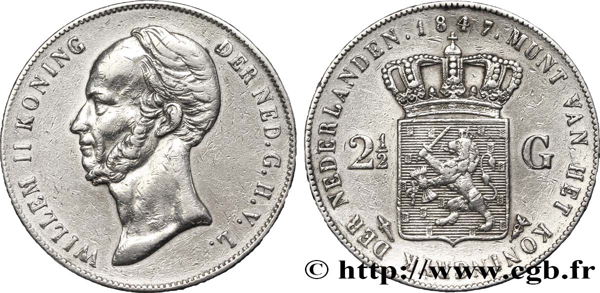NETHERLANDS 2 1/2 Gulden Guillaume II 1847 Utrecht VF 
