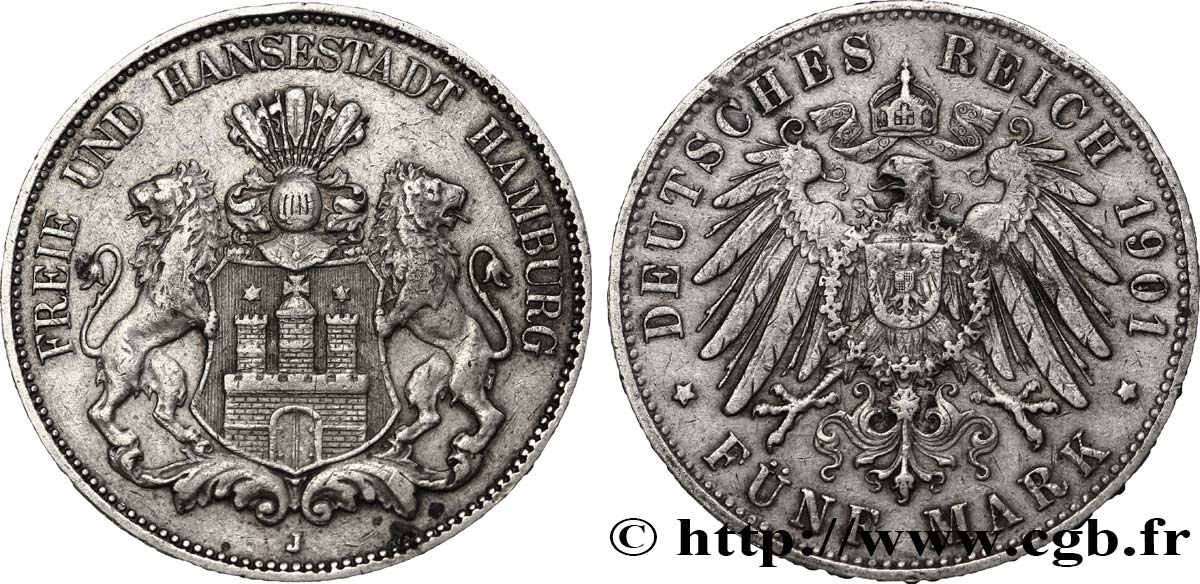 GERMANIA - LIBERA CITTA DE AMBURGO 5 Mark blason de Hambourg 1901 Hambourg q.BB 