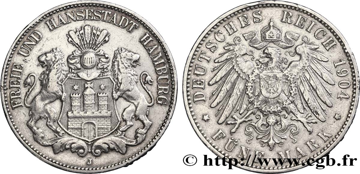 GERMANIA - LIBERA CITTA DE AMBURGO 5 Mark blason de Hambourg 1904 Hambourg BB 