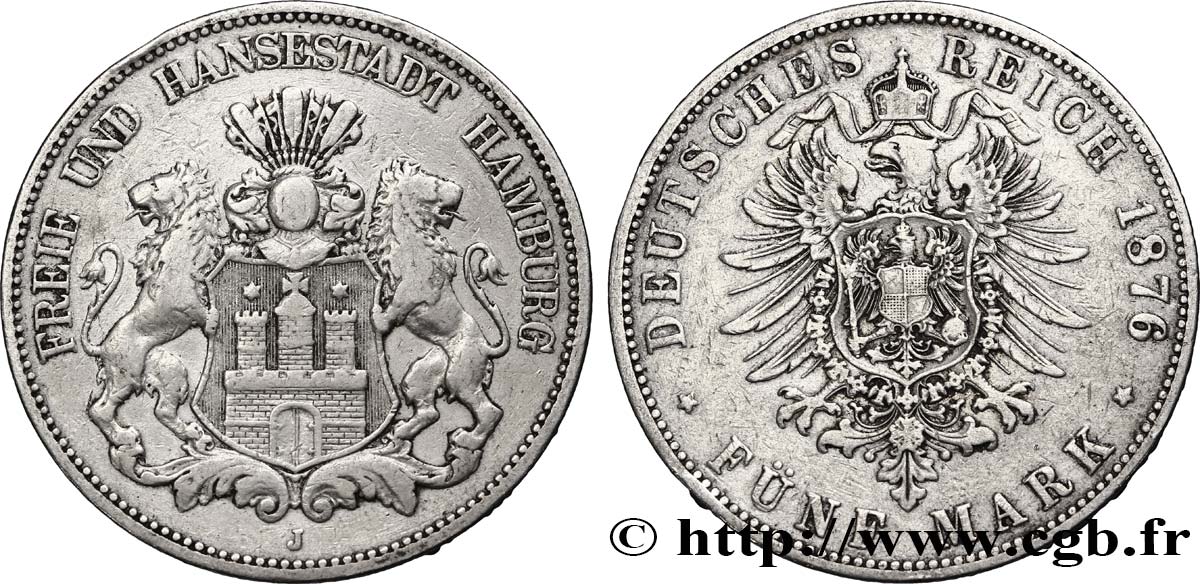GERMANIA - LIBERA CITTA DE AMBURGO 5 Mark 1876 Hambourg BB 
