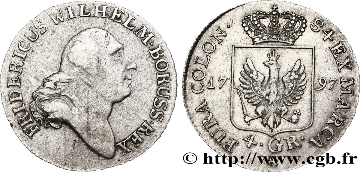 ALLEMAGNE - PRUSSE 1/6 Thaler (4 Groschen)  Frédéric-Guillaume II 1797 Berlin TTB 
