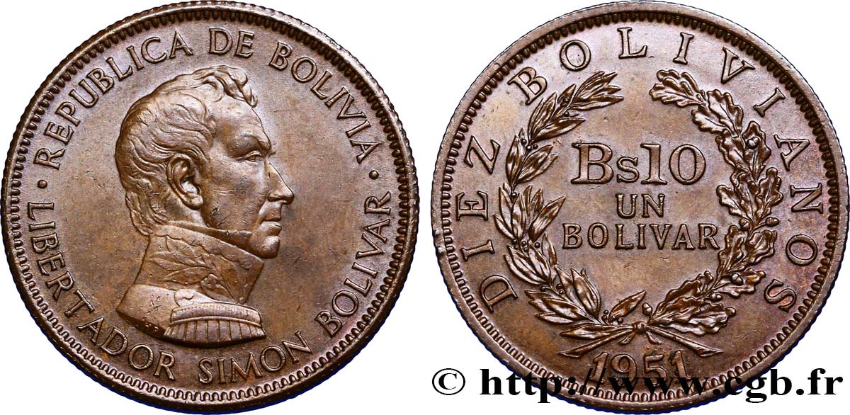 BOLIVIA 10 Bolivianos (1 Bolivar) Simon Bolivar 1951  AU 