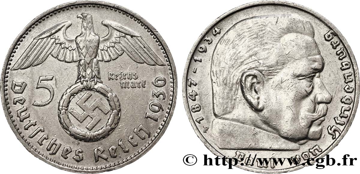 DEUTSCHLAND 5 Reichsmark Maréchal Paul von Hindenburg 1936 Stuttgart SS 