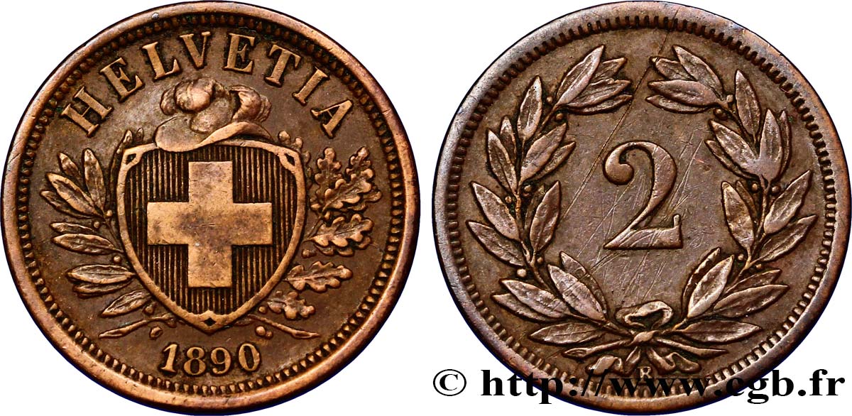 SCHWEIZ 2 Centimes (Rappen) croix suisse 1890 Berne VZ 