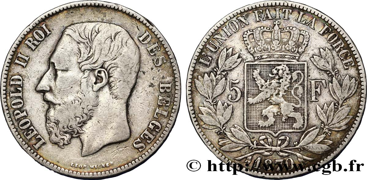 BELGIEN 5 Francs Léopold II tranche A 1870  fSS 