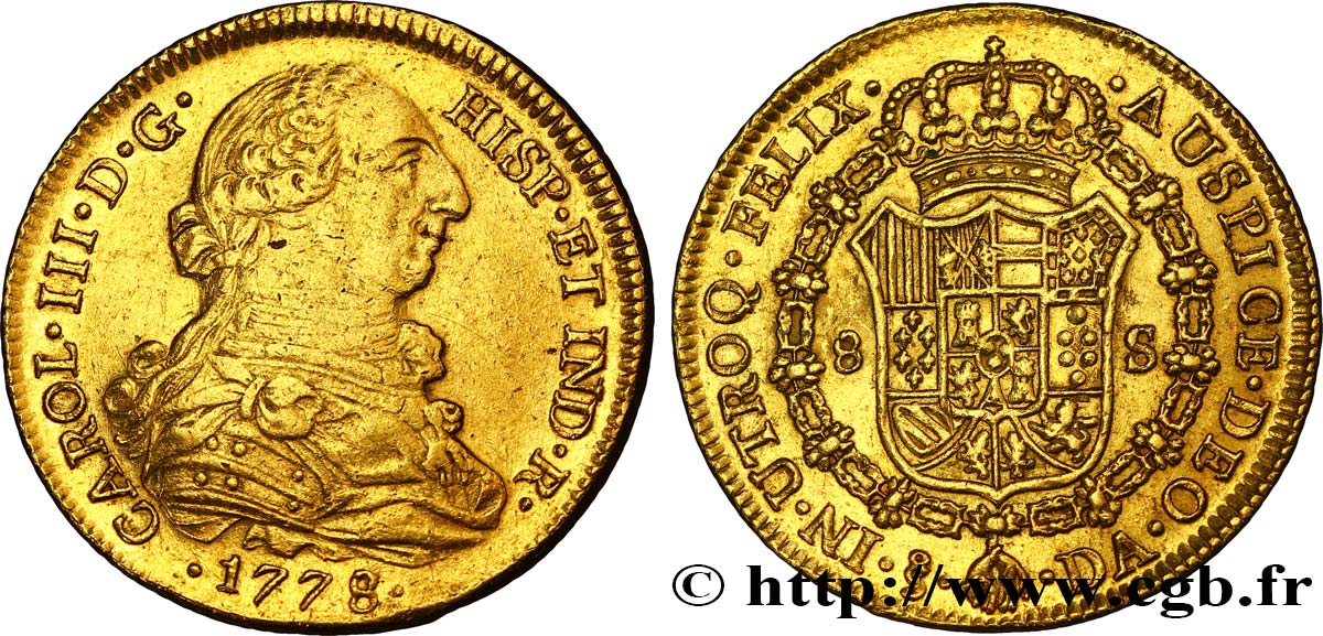 CHILI 8 Escudos Charles III d’Espagne 1778 Santiago TTB 