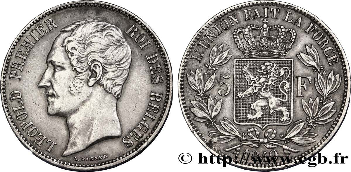 BÉLGICA 5 Francs Léopold Ier tête nue 1849  MBC+ 