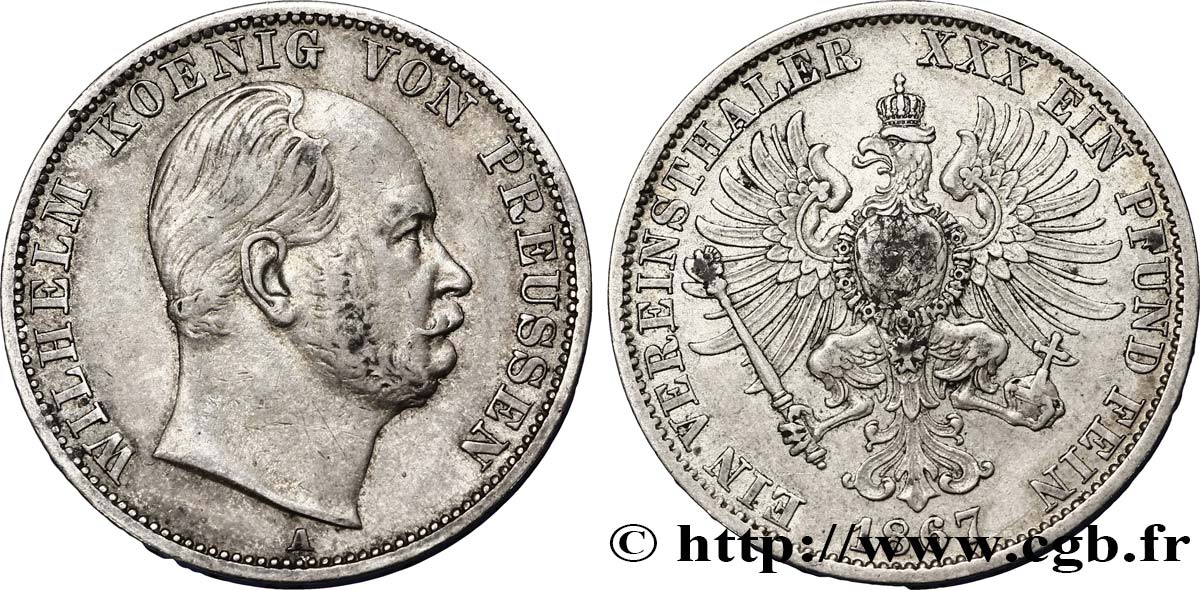 GERMANIA - PRUSSIA 1 Thaler Guillaume Ier 1867 Berlin q.SPL 