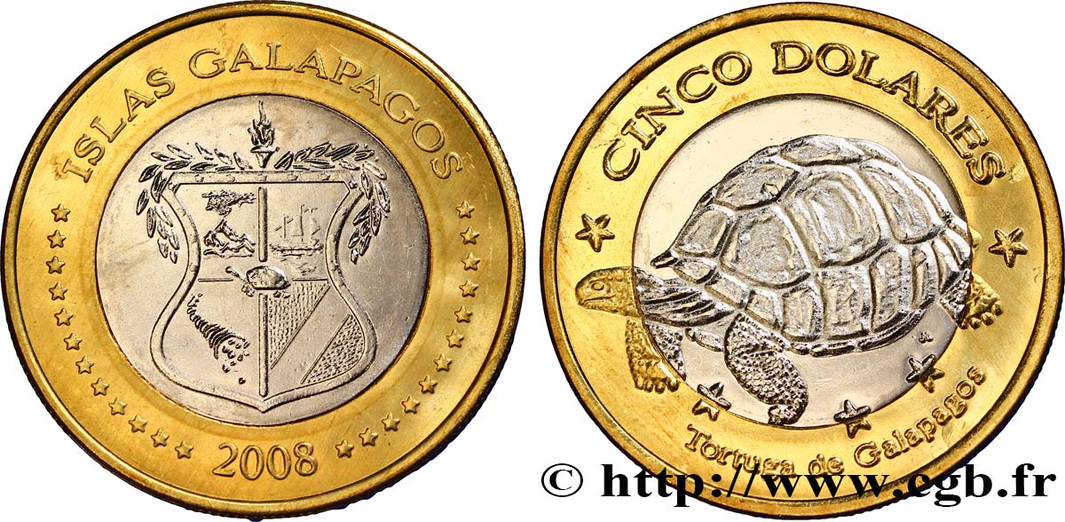ISOLE GALAPAGOS 5 Dolares emblème / tortue géante des Galapagos 2008  MS 