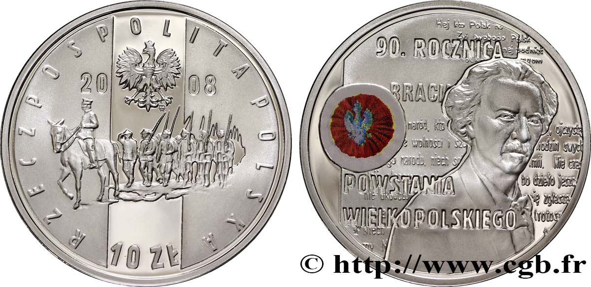 POLAND 10 Zlotych 90e anniversaire de la Grande Révolte Polonaise 2008  MS 