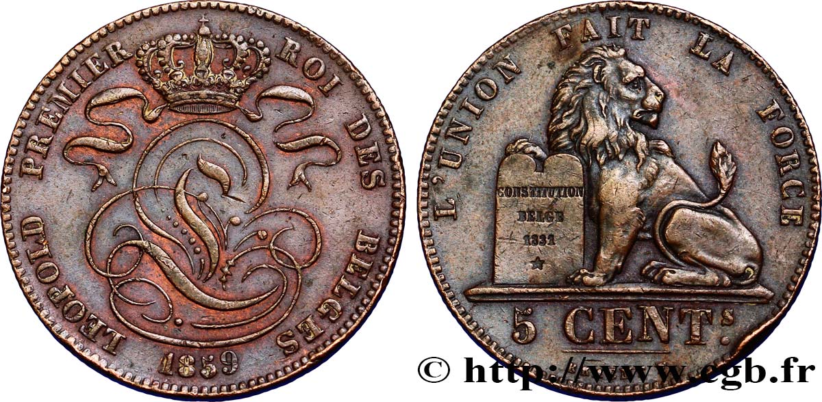 BELGIUM 5 Centimes monograme de Léopold 1859  XF 