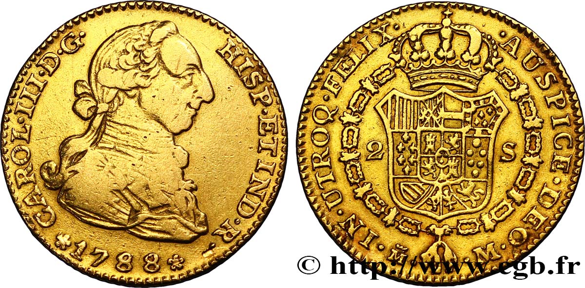 ESPAÑA 2 Escudos Or Charles III  1788 Madrid BC+ 