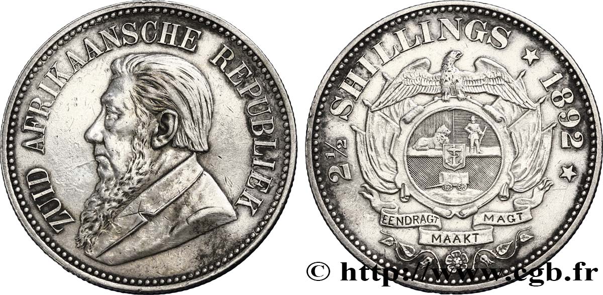 SOUTH AFRICA 2 1/2 Shillings président Kruger 1892  XF 