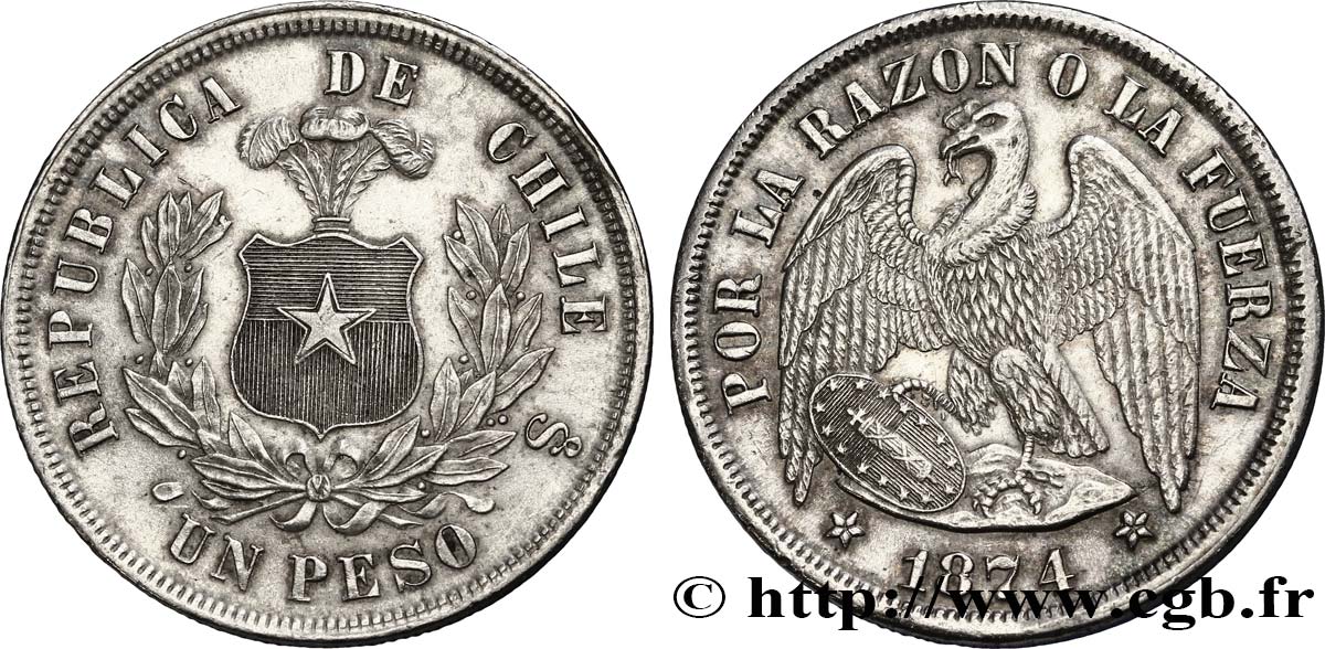 CHILE 1 Peso condor 1874 Santiago  AU 