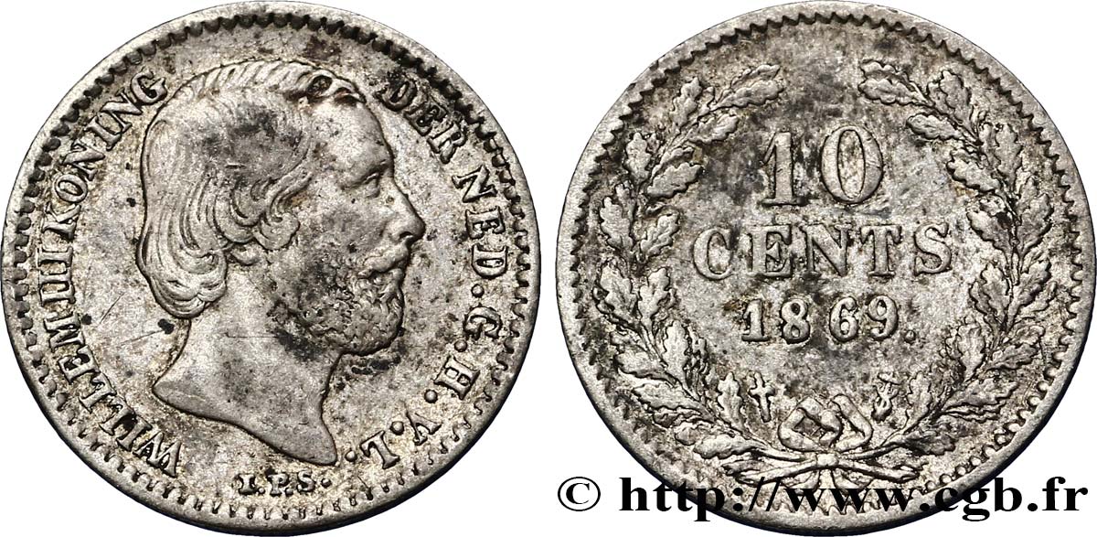 NETHERLANDS 10 Cents Guillaume III 1869 Utrecht XF 