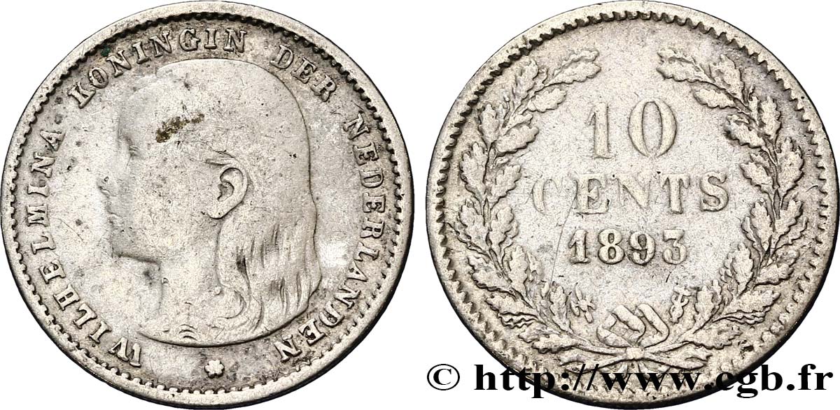 NETHERLANDS 10 Cents Wilhelmine 1893 Utrecht VF 