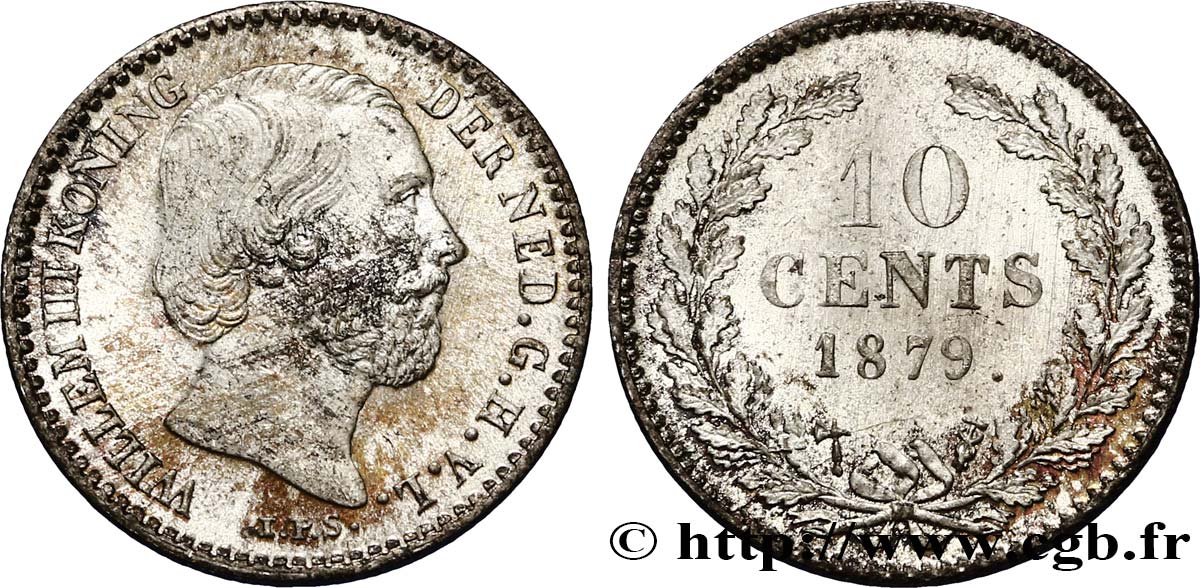 NETHERLANDS 10 Cents Guillaume III 1879 Utrecht MS 