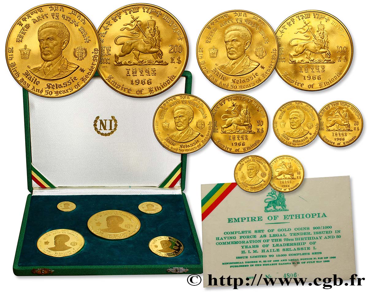 ETIOPIA Coffret de 5 pièces en or : 200 dollars, 100 dollars, 50 dollars, 20 dollars et 10 dollars Proof 1966  MS 