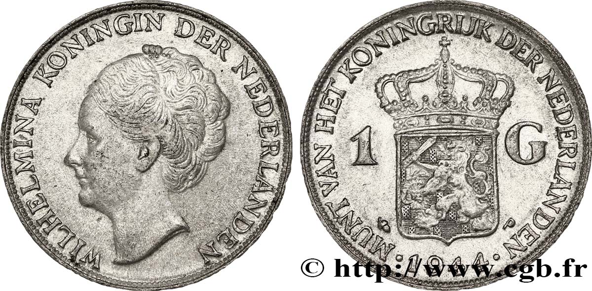 NETHERLANDS 1 Gulden Wilhelmina 1944  AU 