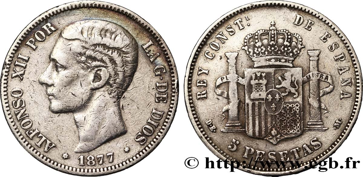 SPAIN 5 Pesetas Alphonse XII / emblème couronné (1877) D.E. - .M. 1877 Madrid VF 