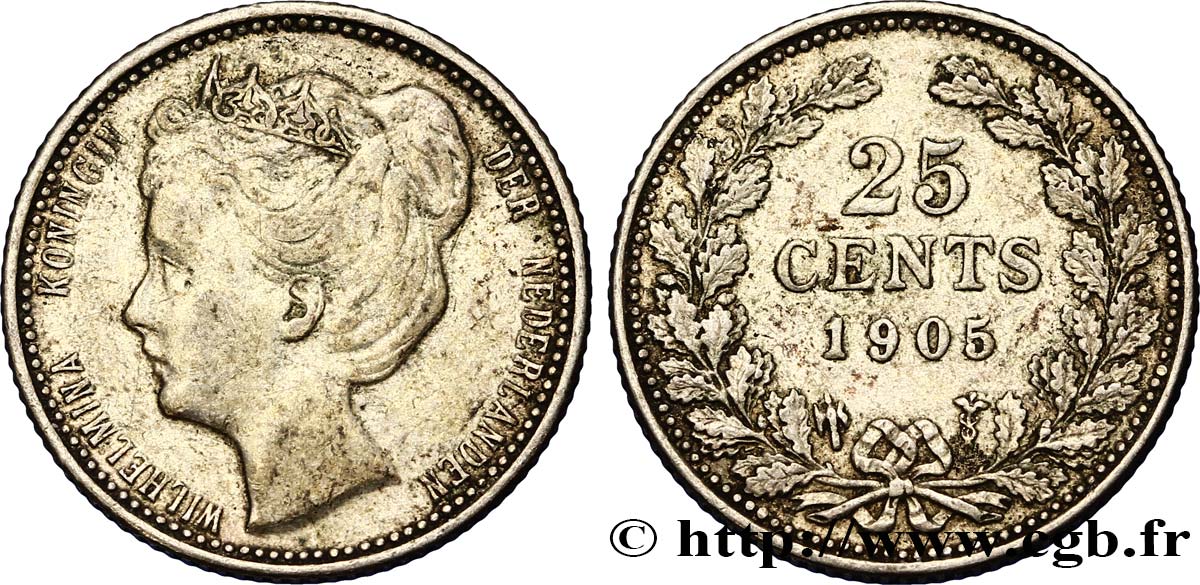 NETHERLANDS 25 Cents Wilhelmina 1905 Utrecht XF 
