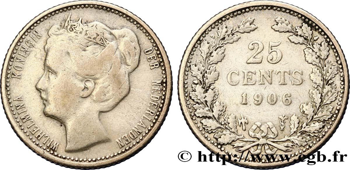 NETHERLANDS 25 Cents Wilhelmina 1906 Utrecht VF 