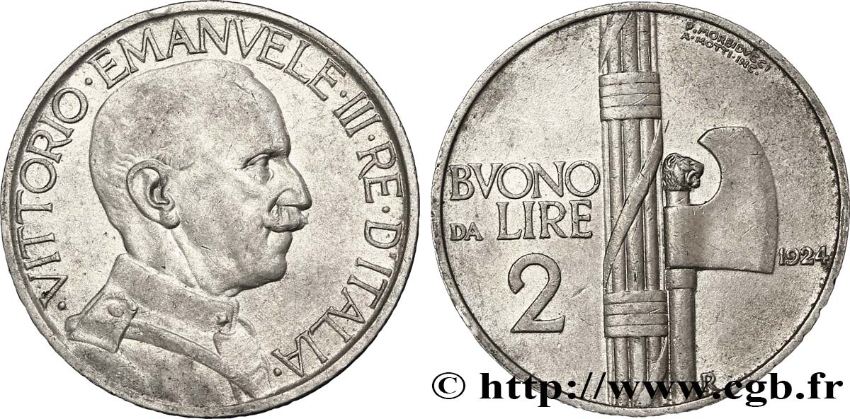 ITALIA Bon pour 2 Lire (Buono da Lire 2) Victor Emmanuel III / faisceau de licteur 1924 Rome - R SPL 