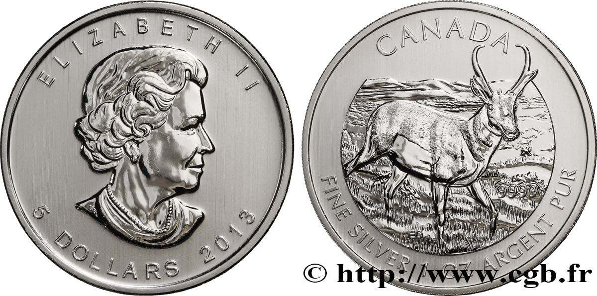 CANADá
 5 Dollars (1 once) Proof Elisabeth II / Antilocapre 2013  FDC 