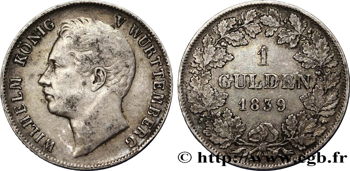 GERMANY - WÜRTTEMBERG 1 Gulden Guillaume 1839 Stuttgart XF 