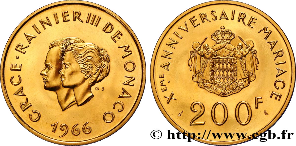 MONACO 200 francs or, dixième anniversaire du mariage 1966 Paris MS 