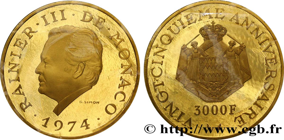 MONACO 3000 Francs proof OR 25e anniversaire de règne de Rainier III 1974 Paris MS 
