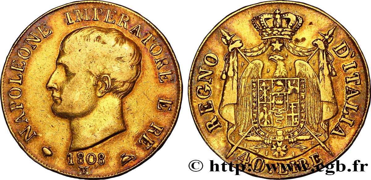 ITALIA - REGNO D ITALIA - NAPOLEONE I 40 Lire or, 1er type, tranche en relief 1808 Milan q.BB 