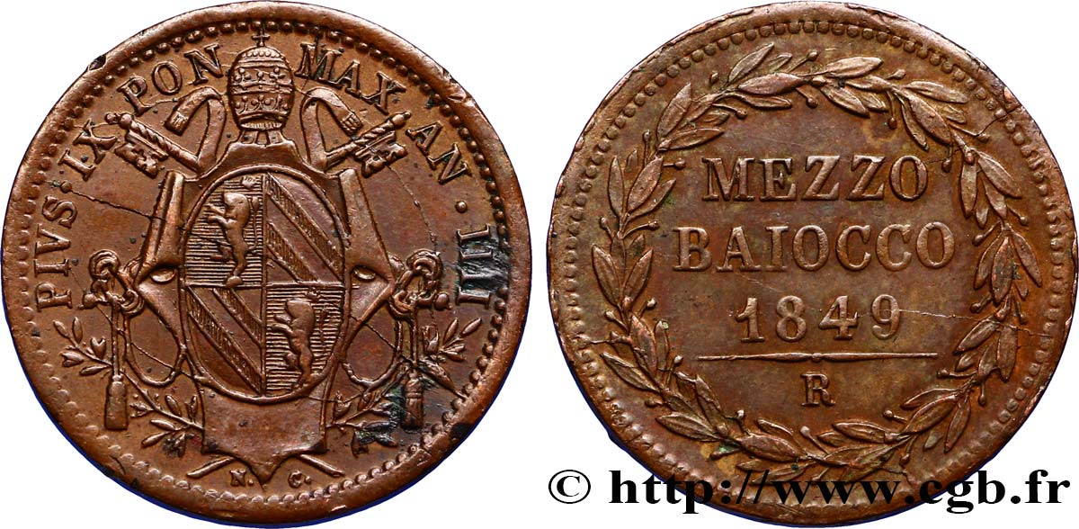 VATICAN AND PAPAL STATES Mezzo Baiocco  1849 Rome XF 