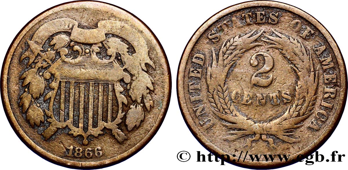 STATI UNITI D AMERICA 2 Cents Bouclier 1866 Philadelphie q.MB 