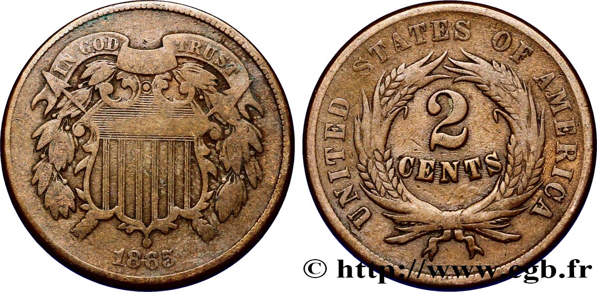 UNITED STATES OF AMERICA 2 Cents Bouclier 1865 Philadelphie VF 