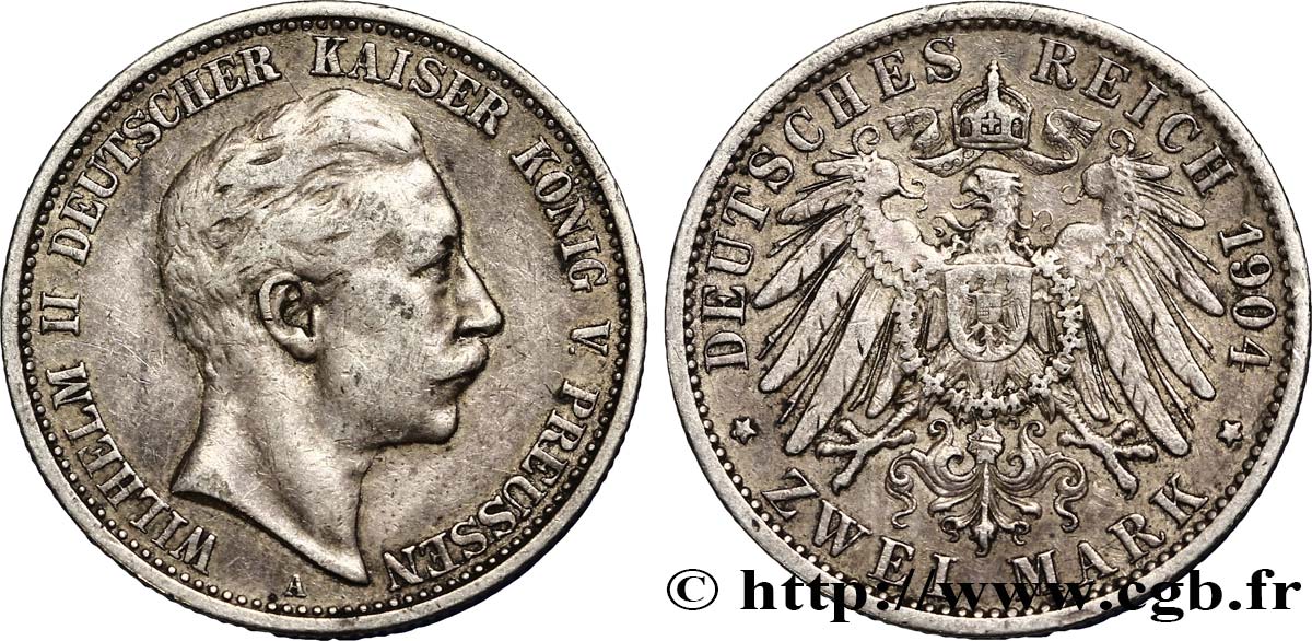 GERMANY - PRUSSIA 2 Mark Guillaume II / aigle 1904 Berlin XF 