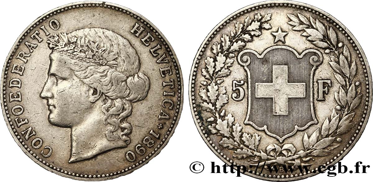 SWITZERLAND 5 Francs Helvetia buste 1890 Berne VF 